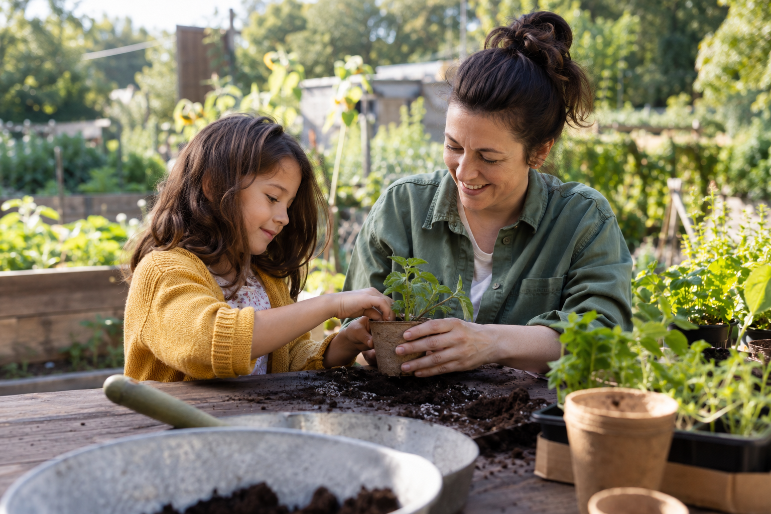 Illustrative AI-generated image of a parent and child gardening together